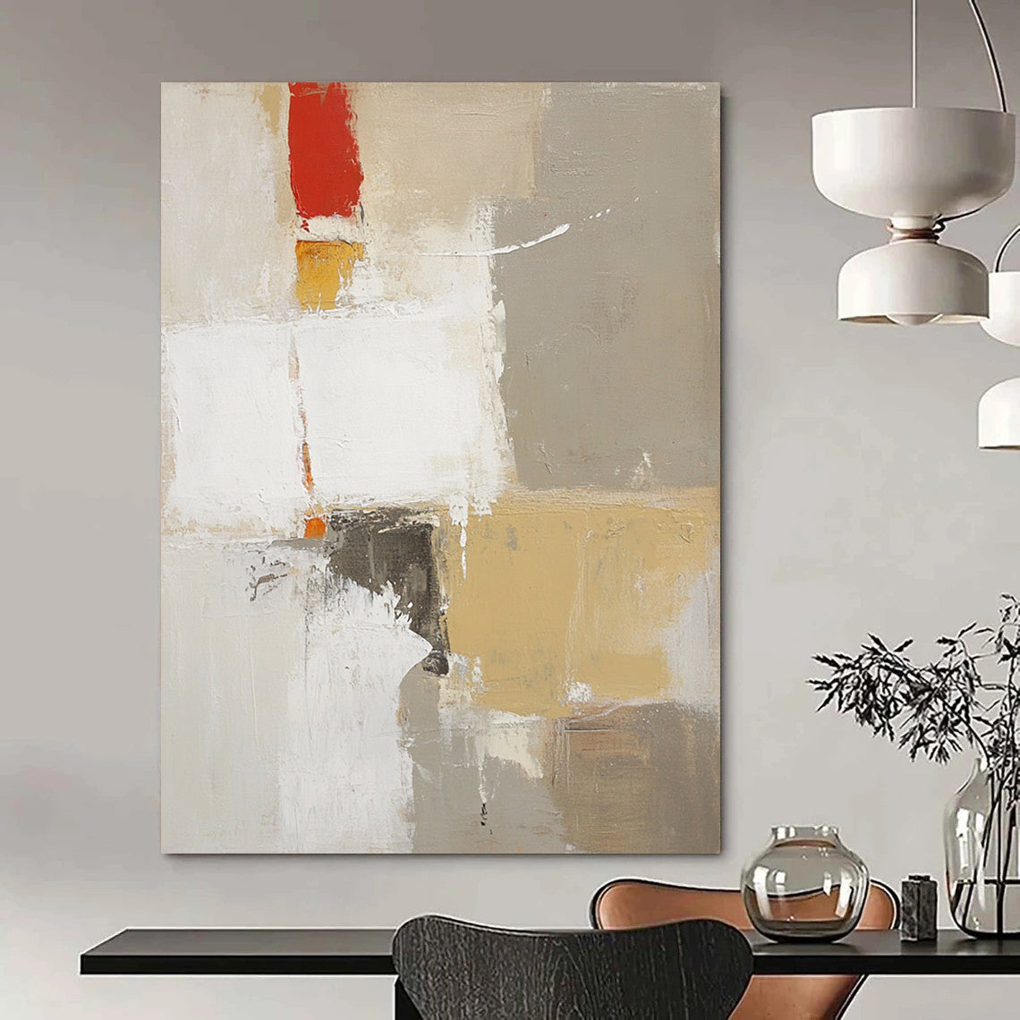 Large contemporary abstract artwork featuring textured layers in white with red and yellow accents and soft brush strokes. DLZ0919