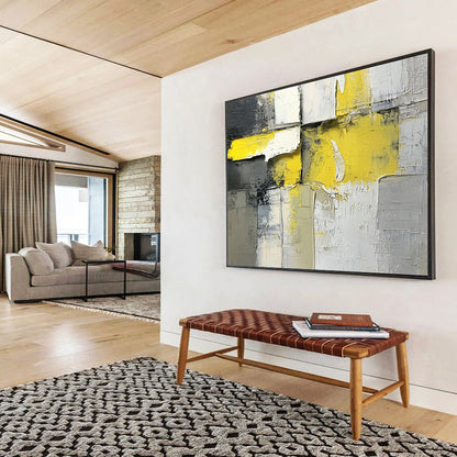 “Geometric Energy” - Yellow, Gray, White, Textured Cubes Painting On Canvas HB1037