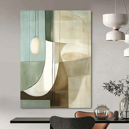 Contemporary large hand-painted abstract art featuring white and beige shapes with glass, reflections, and muted colors inspired by Robert Motherwell. DLZ1602