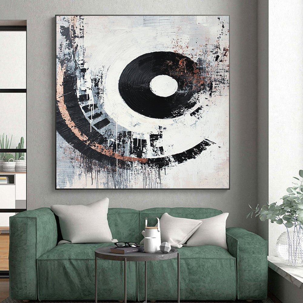 Black, White, Gray, Copper, Concentric Circles "Industrial Echo" Abstract Cubist - Inspired Painting On Canvas HB072