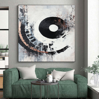 Black, White, Gray, Copper, Concentric Circles "Industrial Echo" Abstract Cubist - Inspired Painting On Canvas HB072
