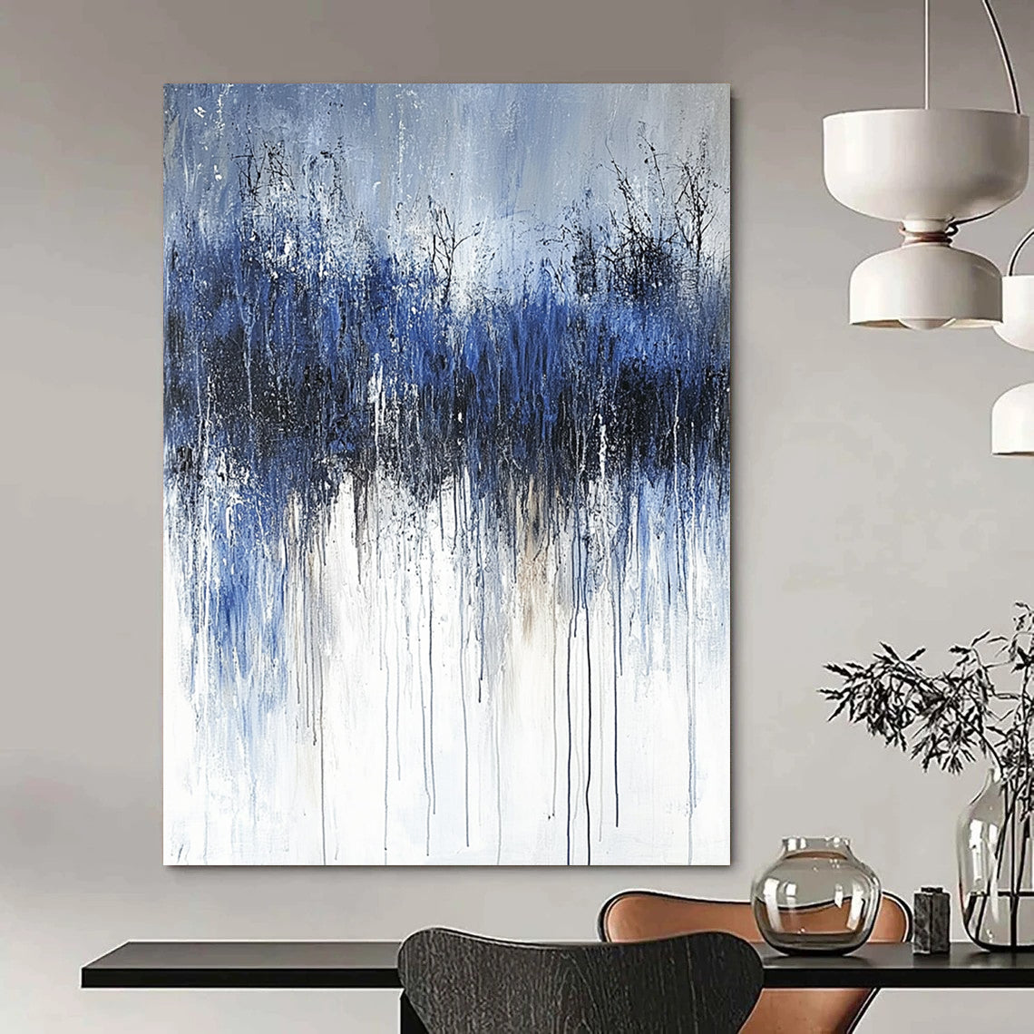Contemporary abstract painting featuring thick brushstrokes and a cold palette of dark gray and navy blue, evoking feelings of sadness and solitude. DLZ0666