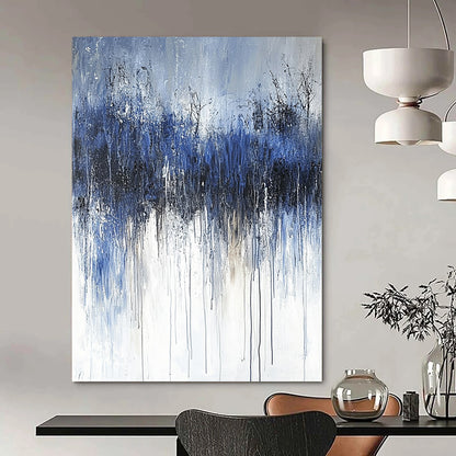 Contemporary abstract painting featuring thick brushstrokes and a cold palette of dark gray and navy blue, evoking feelings of sadness and solitude. DLZ0666