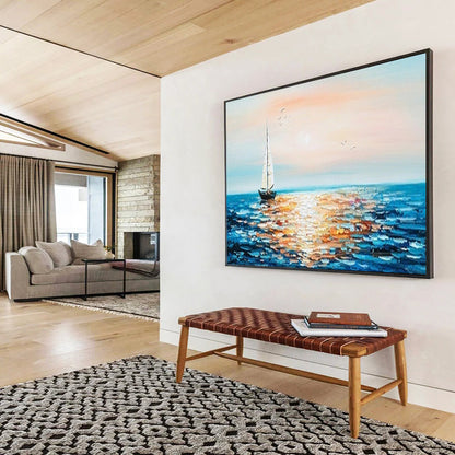 Sunset Sailboat Sea Oil Painting - Coastal Dining Room or Bedroom Art DLZ188
