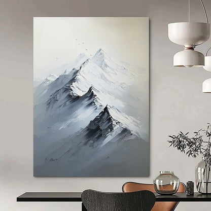 Contemporary hand-painted abstract artwork featuring a large snow-capped mountain range in white and gray tones with rich textures and strong light contrast. DLZ1290