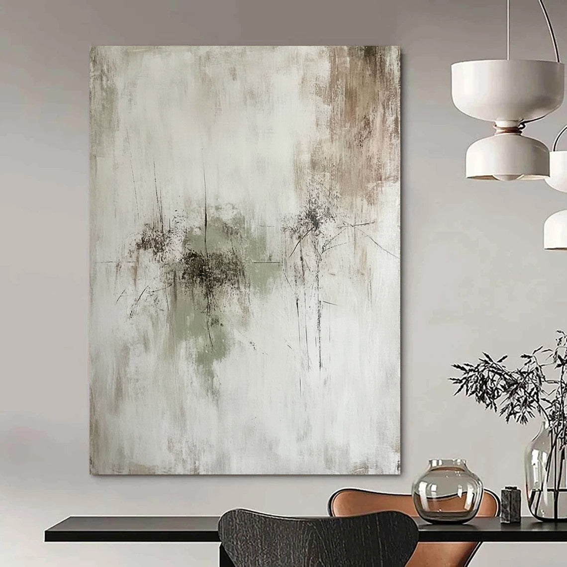 Contemporary hand-painted abstract artwork features a minimalist composition with subtle textures and muted tones of gray green and brown. DLZ0817