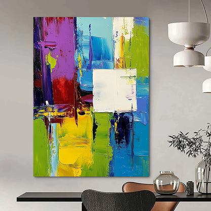Contemporary hand-painted abstract artwork featuring vibrant green blue purple yellow palette with dynamic shapes and overlapping white squares creating depth and movement. DLZ0773
