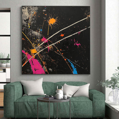 Black, Colorful Splashes, White Lines "Vibrant Chaos" Abstract Painting On Canvas HB021