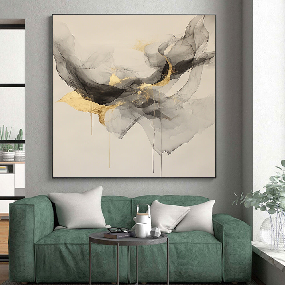 Beige, Gray, Gold, Flowing Shapes "Ethereal Elegance" Abstract Painting On Canvas HB025