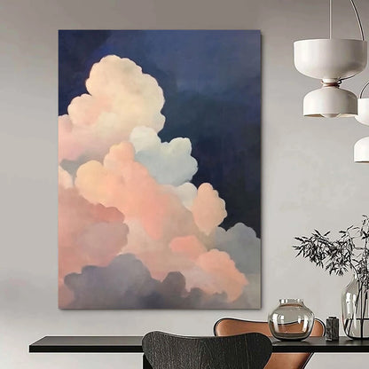 Contemporary hand-painted abstract artwork featuring soft pink and dark blue clouds with atmospheric lighting inspired by Michael Pitcher's style. DLZ1412