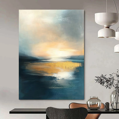 Contemporary abstract painting featuring water and sky at sunset with muted tones and gold accents, perfect for elevating any space. DLZ0494