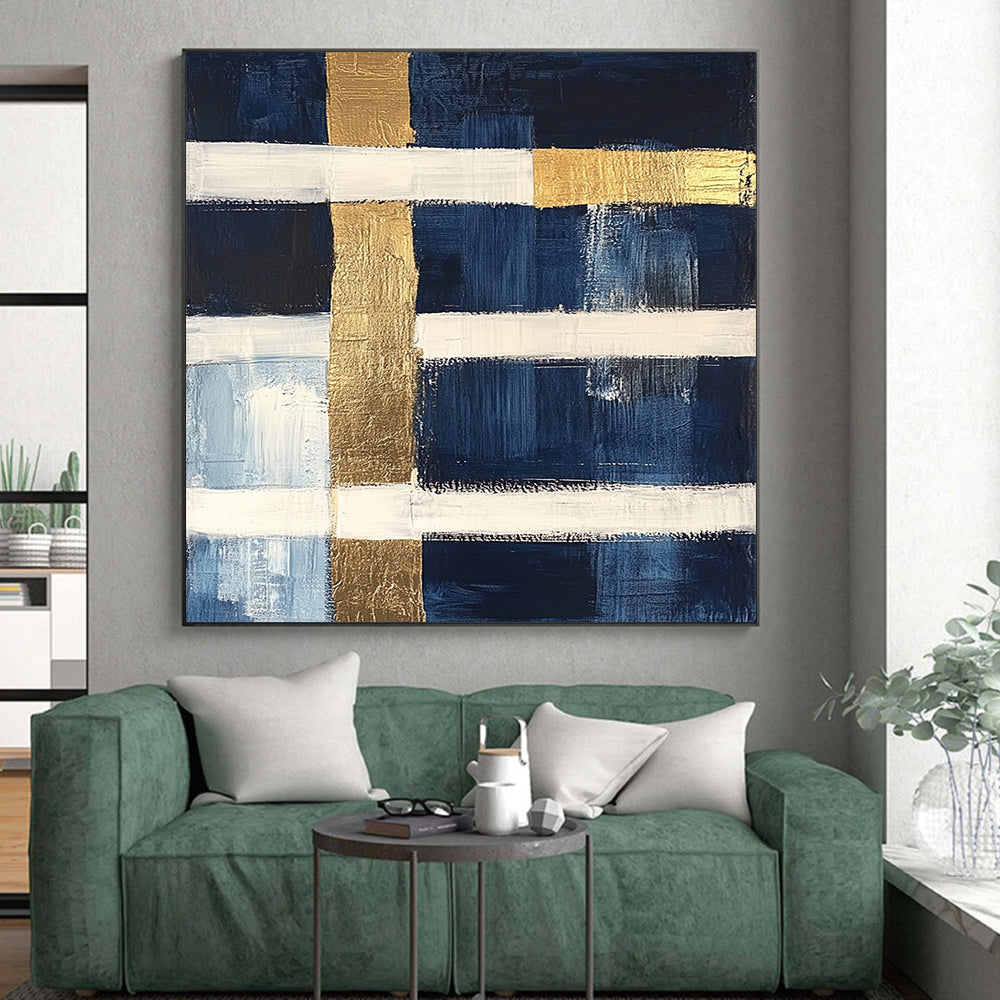 Navy, White, Gold, Horizontal Stripes "Gilded Nautical Horizons" Abstract Minimalist Painting On Canvas HB154