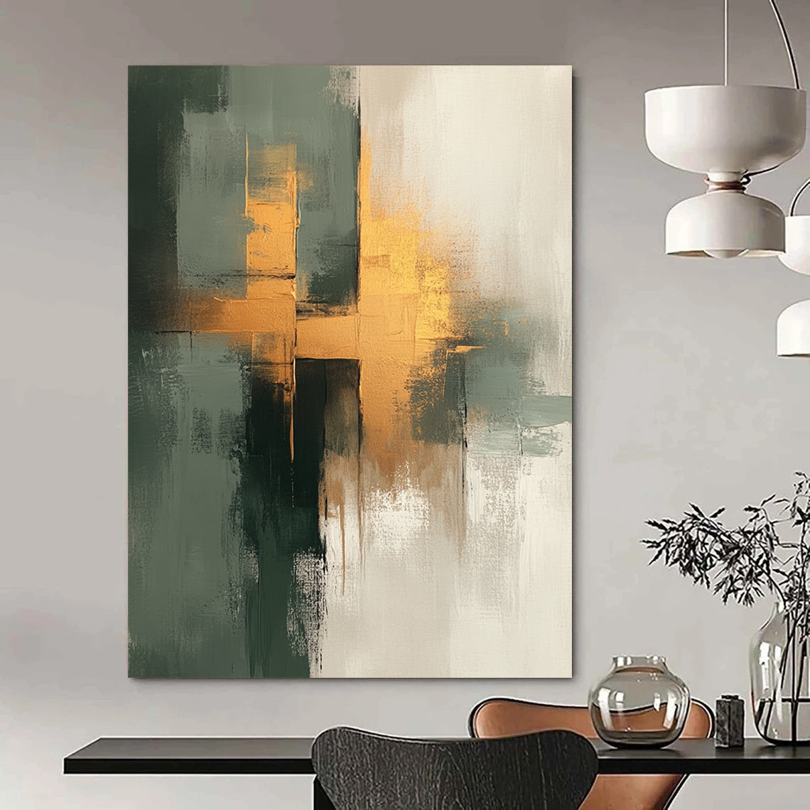 Contemporary hand-painted abstract artwork featuring neutral tones with sage green and gold accents, exuding a soft and gentle aesthetic on textured canvas. DLZ0555