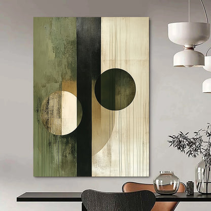 Contemporary abstract artwork featuring circles and lines in beige olive green white and black showcasing deconstructed geometric elements on canvas texture. DLZ0375