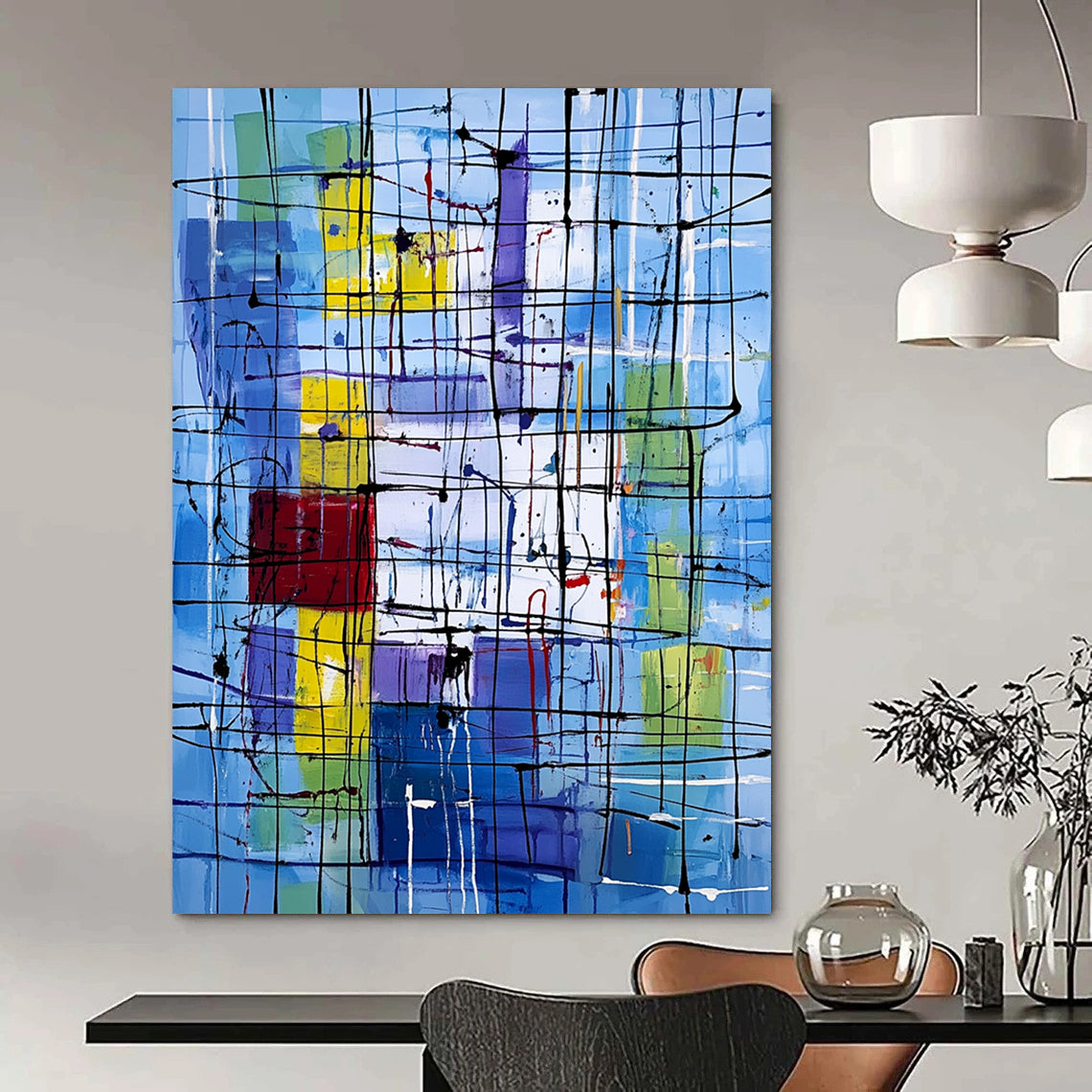 Vibrant contemporary abstract art featuring dynamic lines and shapes with a New York City office backdrop highlighting the complexity of life and emotion. DLZ1236
