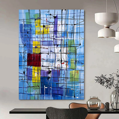 Vibrant contemporary abstract art featuring dynamic lines and shapes with a New York City office backdrop highlighting the complexity of life and emotion. DLZ1236