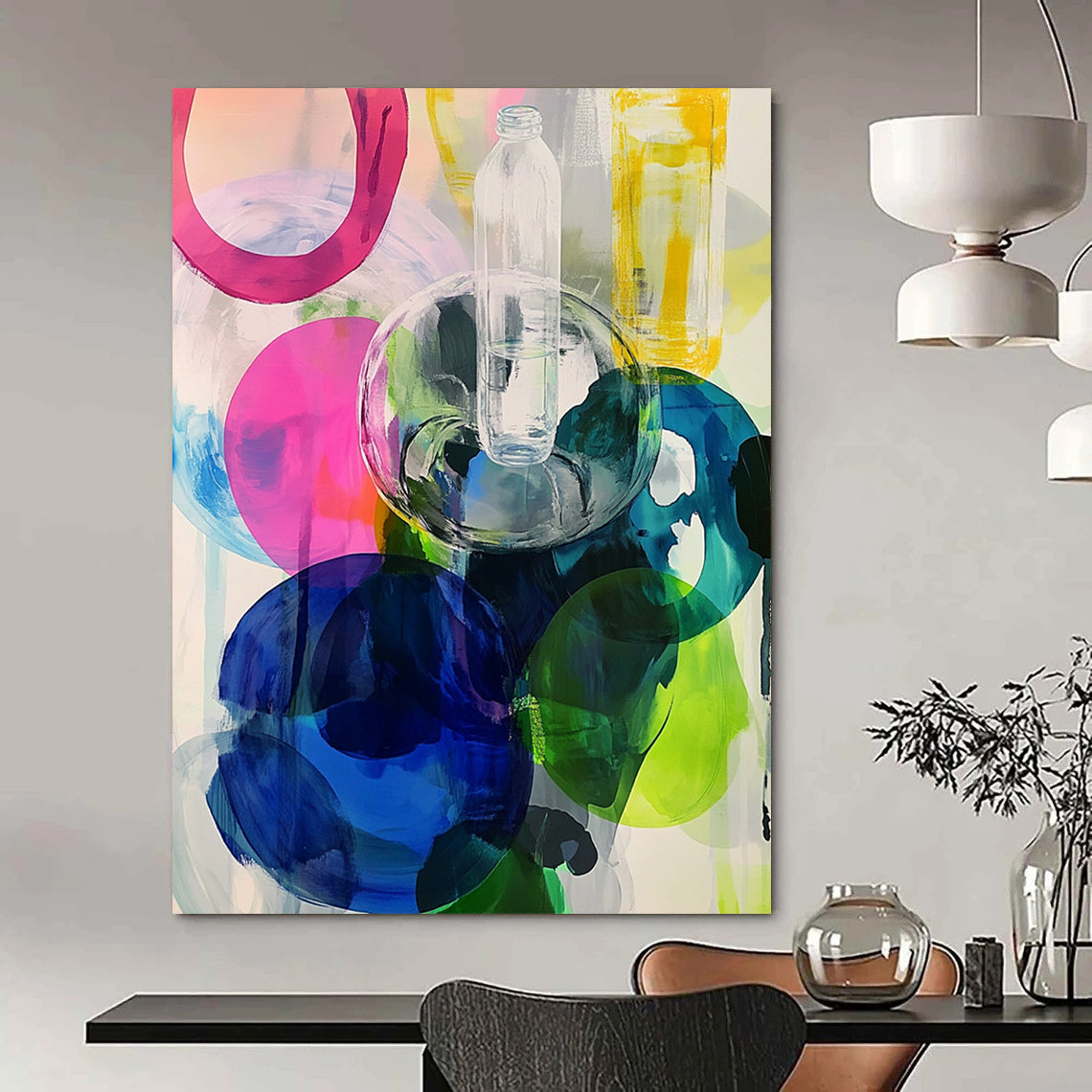 Contemporary abstract artwork featuring large round shapes in vibrant pinks blues greens and yellows enhanced with transparent plastic bottles. DLZ0984
