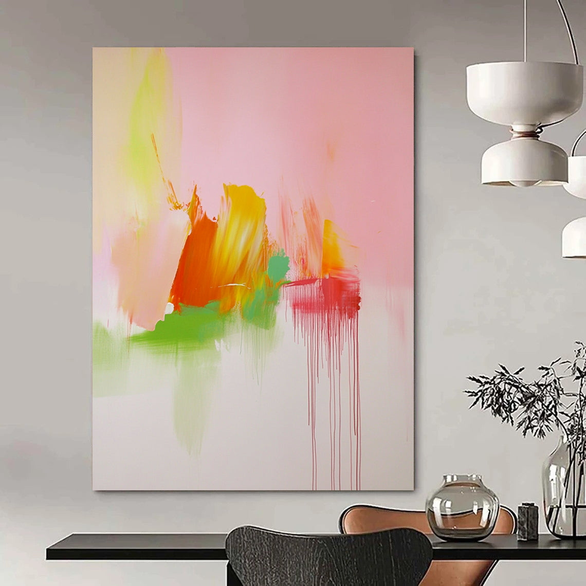 Contemporary hand-painted abstract art featuring soft pink green and orange tones inspired by Cy Twombly's dynamic style. DLZ1703