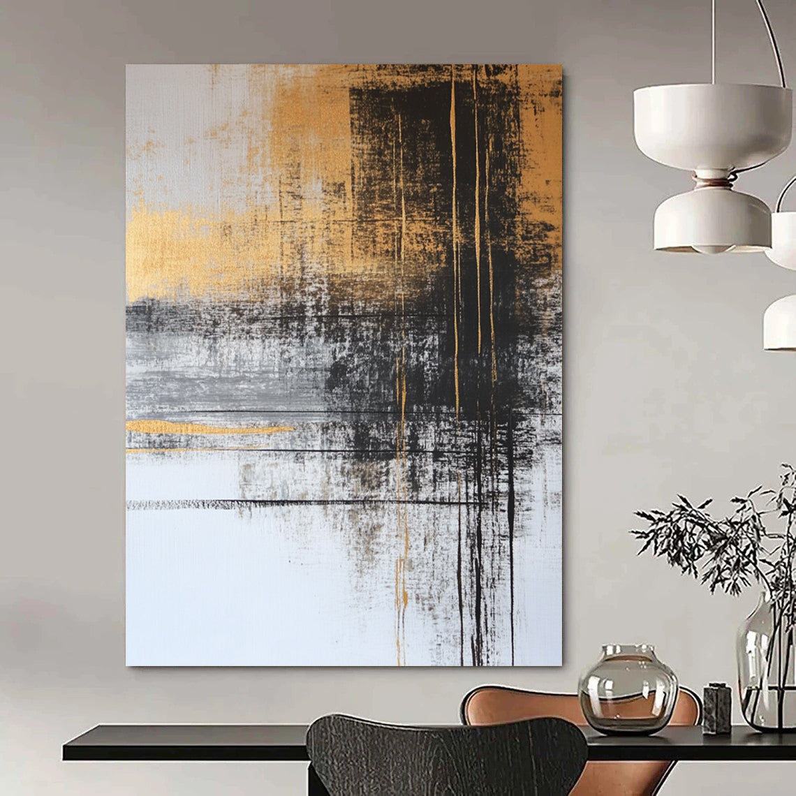 Contemporary abstract painting with gold and gray tones features black ink lines and serene water imagery, adorned with delicate plant figures for a tranquil feel. DLZ1273