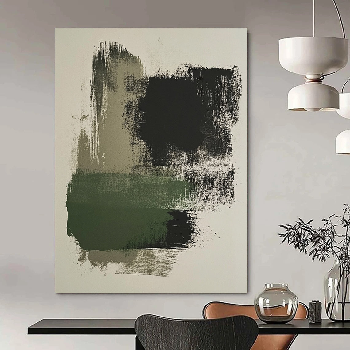 Contemporary brush stroke artwork featuring moss green and black on a beige background, perfect for modern decor enthusiasts. DLZ1454