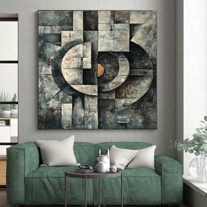 Gray, Black and Gold Geometric Composition "Industrial Harmony" Painting On Canvas HB345