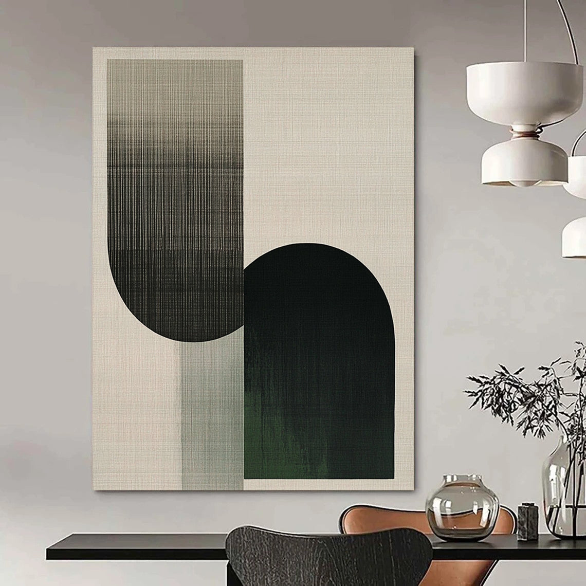Contemporary abstract artwork featuring overlapping shapes in the form of an F, with neutral tones and green accents, showcasing visible brush strokes. DLZ1622