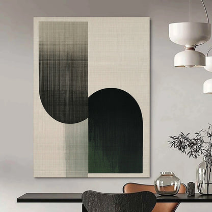 Contemporary abstract artwork featuring overlapping shapes in the form of an F, with neutral tones and green accents, showcasing visible brush strokes. DLZ1622
