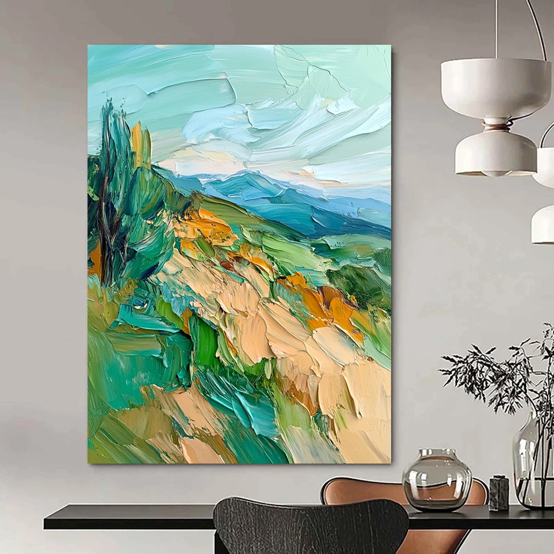 Contemporary abstract oil painting featuring impasto textures and vibrant sea green and blue hues of mountains, hills, and trees. DLZ1566
