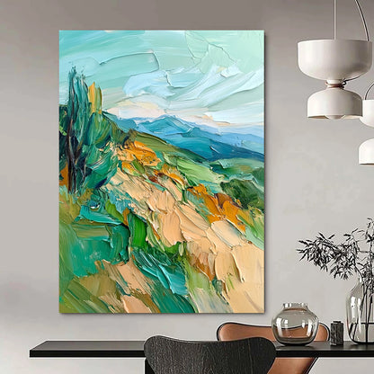 Contemporary abstract oil painting featuring impasto textures and vibrant sea green and blue hues of mountains, hills, and trees. DLZ1566