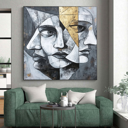 Gray, Black, White and Gold Cubist Portrait "Mystic Visage" Painting On Canvas HB374