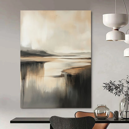 Contemporary abstract painting featuring a misty coastal landscape in neutral tones with rich texture and depth and gentle shadows. DLZ0472