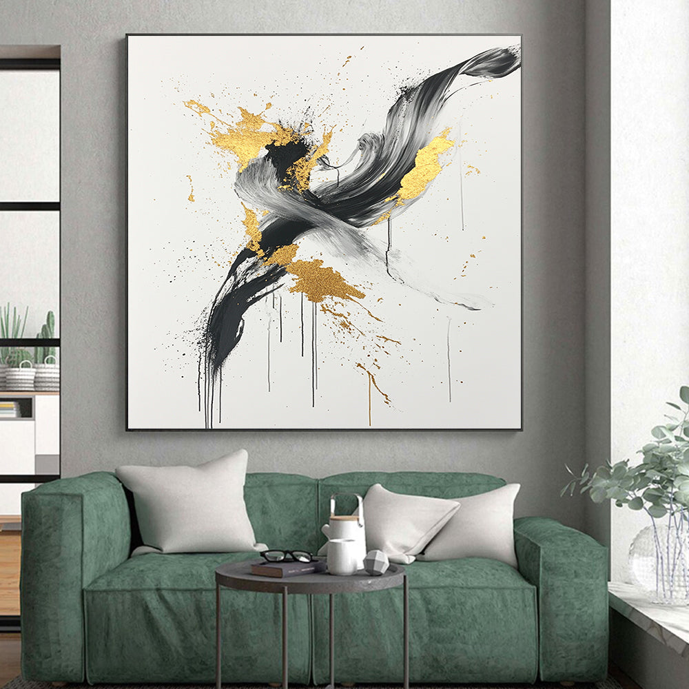 Black, White, Gold, Gray, Swirling Splashes "Gilded Chaos" Abstract Expressionist Painting On Canvas HB098