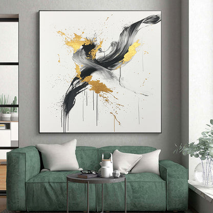 Black, White, Gold, Gray, Swirling Splashes "Gilded Chaos" Abstract Expressionist Painting On Canvas HB098