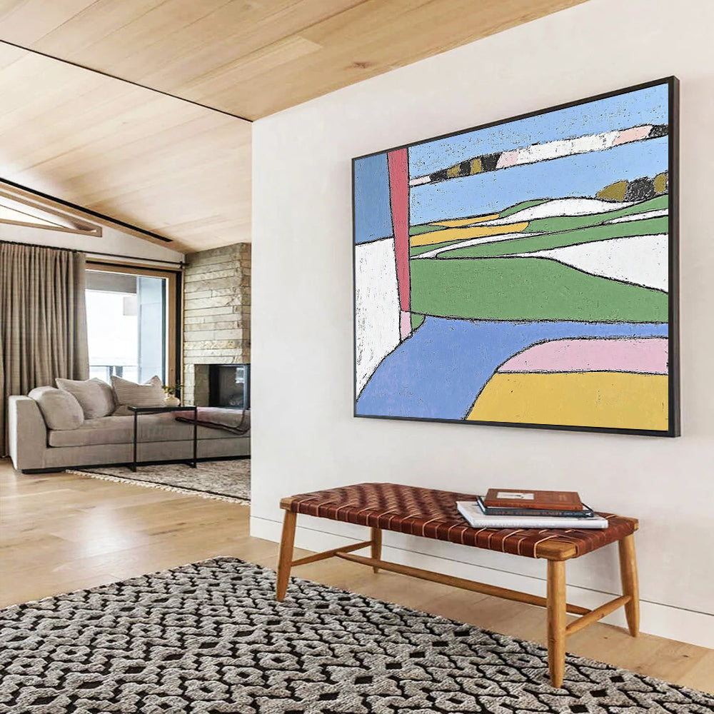 “Color - Blocked Landscape” - Green, Blue, Yellow, Abstract Fields - Primitive Acrylic Painting HB1504