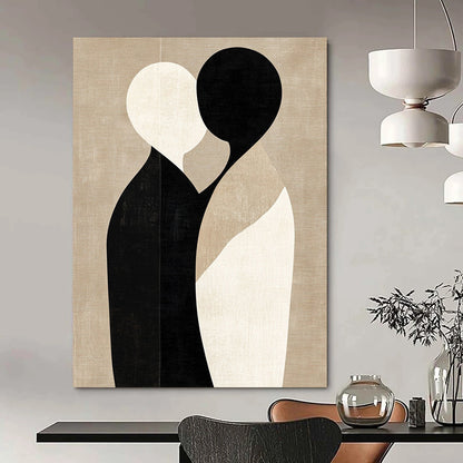Large contemporary abstract art featuring minimalist shapes in black and beige, embracing forms on a textured light brown background. DLZ1464