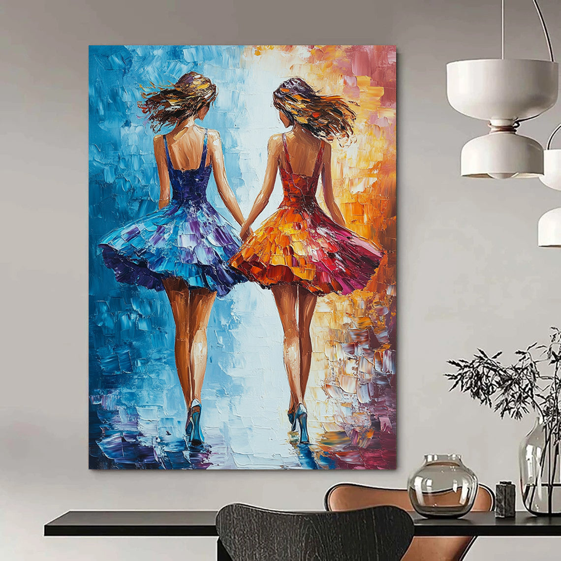 Vibrant contemporary abstract art featuring two friends in colorful dresses walking together creating a joyful and harmonious atmosphere. DLZ1717