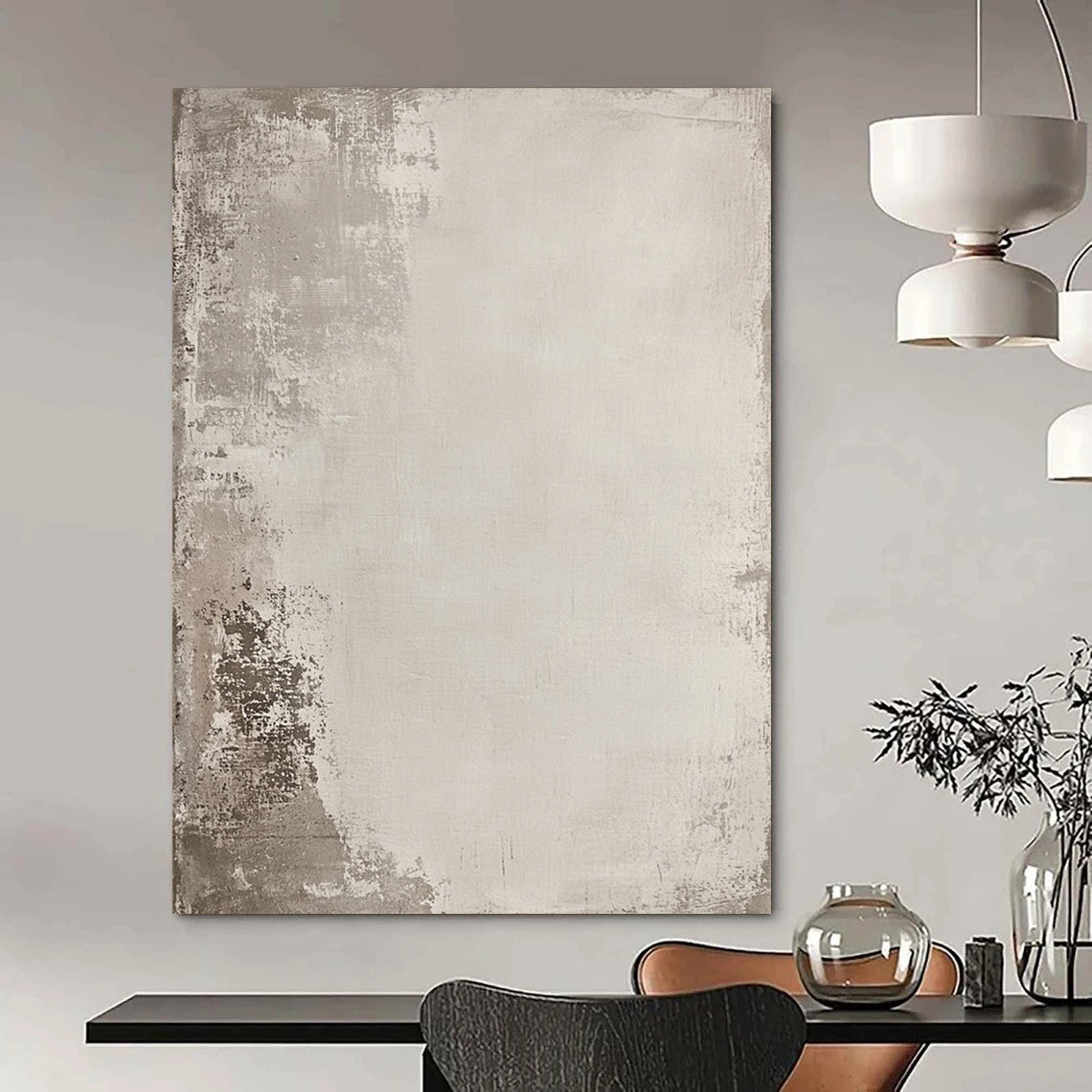 Contemporary hand-painted abstract art features a distressed texture in neutral tones with hidden sketch-like designs inviting exploration and intrigue. DLZ1170