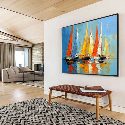 “Vibrant Regatta” - Red, blue, yellow; Colorful sailboats racing on bright water; Palette Knife Oil Painting On Canvas HB1167