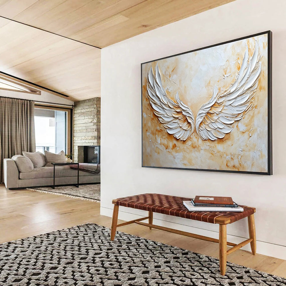 “3D White Angel Wings” - White, Beige, Textured 3D Wings Painting On Canvas HB0781