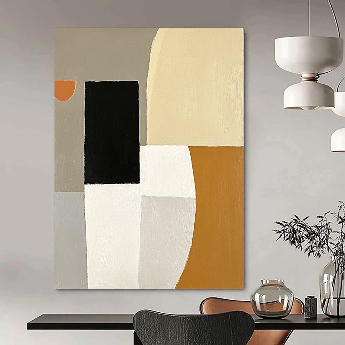 Contemporary hand-painted abstract artwork featuring white and gray shapes, a black square, an orange element, and a simple form in the top left corner. DLZ0932