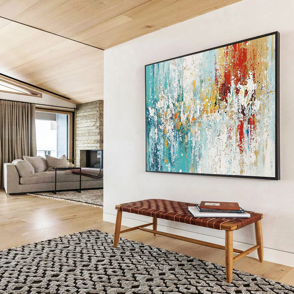“Colorful Abstract Splash” - Teal, yellow, red, white; Abstract splash with vibrant colors; Acrylic Painting On Canvas HB1271