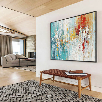 “Colorful Abstract Splash” - Teal, yellow, red, white; Abstract splash with vibrant colors; Acrylic Painting On Canvas HB1271