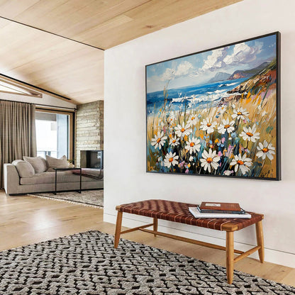 “Seaside Daisies” - Soft Whites, Yellows, Blues, Daisies by the Ocean - Impasto Oil Painting HB1747