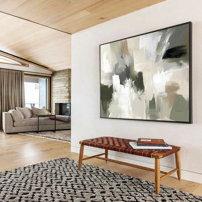 “Neutral Abstract Composition” - Beige, gray, white, green; Abstract composition with soft brushstrokes; Acrylic Painting On Canvas HB1267