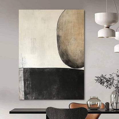 Contemporary hand-painted abstract art featuring a dark gray oval and dual brown circle on light beige background, inspired by minimalist design and Robert Motherwell. DLZ0958