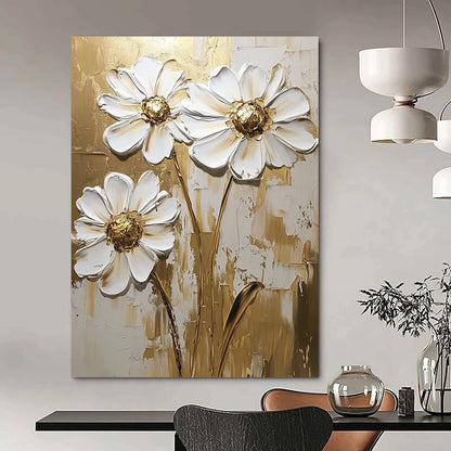 Contemporary hand-painted abstract art featuring white daisy flowers with gold accents on a textured background, perfect for modern decor. DLZ0820