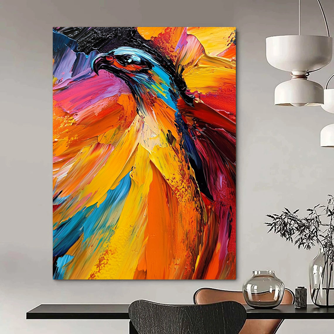 Vibrant contemporary abstract painting featuring an eagle with dynamic brushstrokes bold colors and warm tones creating an energetic mood on canvas. DLZ0575
