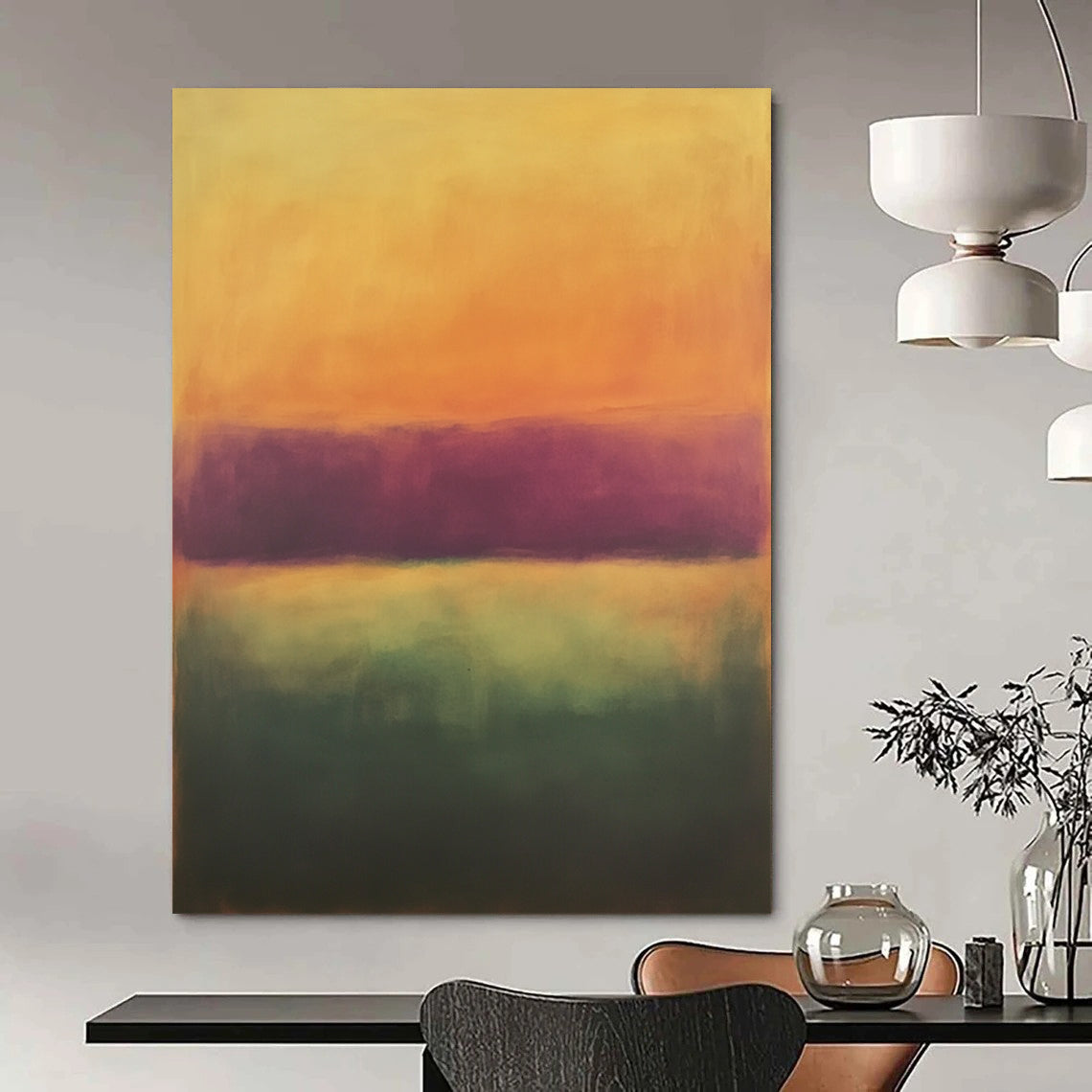 Vibrant contemporary hand-painted abstract artwork featuring soft orange and purple tones with a blurred gradient, ideal for enhancing modern spaces. DLZ0938