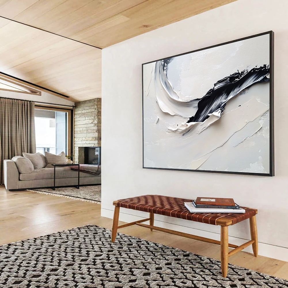 “Curved Black - White Textures” - Black, White, Curved Thick Textured Strokes - Impasto Oil Painting HB1779