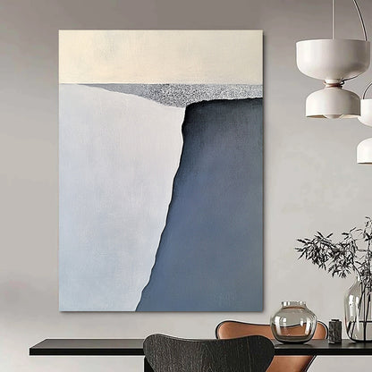 Contemporary large abstract painting features serene gray-blue and white iceberg forms with soft brushstrokes balanced on a flat gray base. DLZ1006